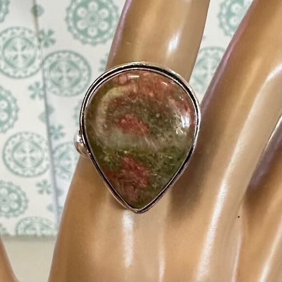 Unakite genuine gemstone ring adjustable silver overlay stamped 925 pear shape - Picture 1 of 6